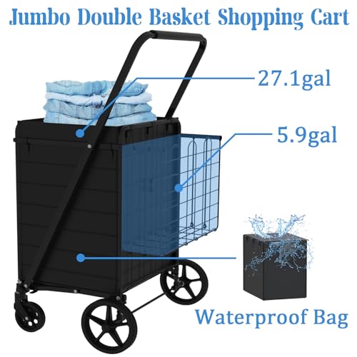 Heavy Duty Folding Shopping Cart with Double Basket, 360° Swivel Wheels, Waterproof Bag S115