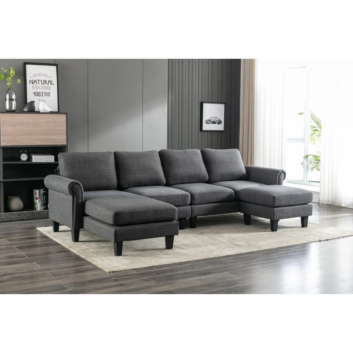 Charcoal Grey Linen U-shape Sofa Set with Reversible Ottomans Z77557