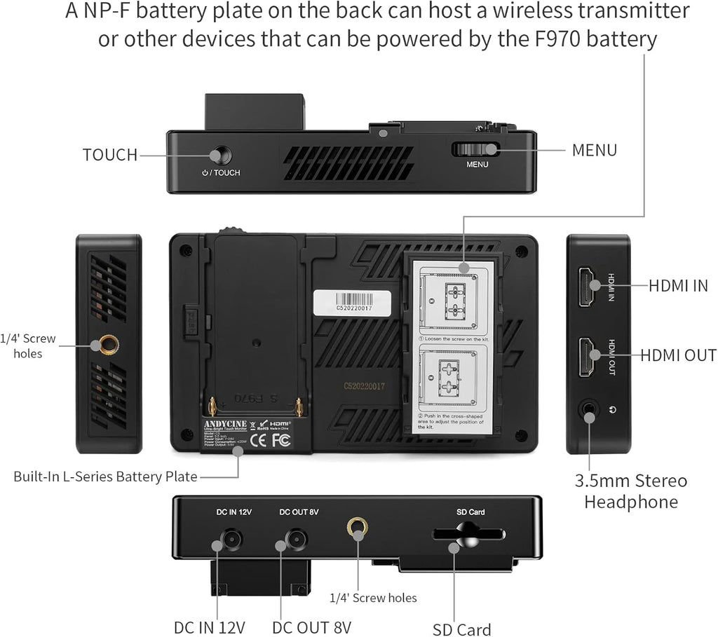 5.5 Inch 3000nit Touch Screen On-Camera Field Monitor with F970 External Power 4K HDMI Input Output Y38897