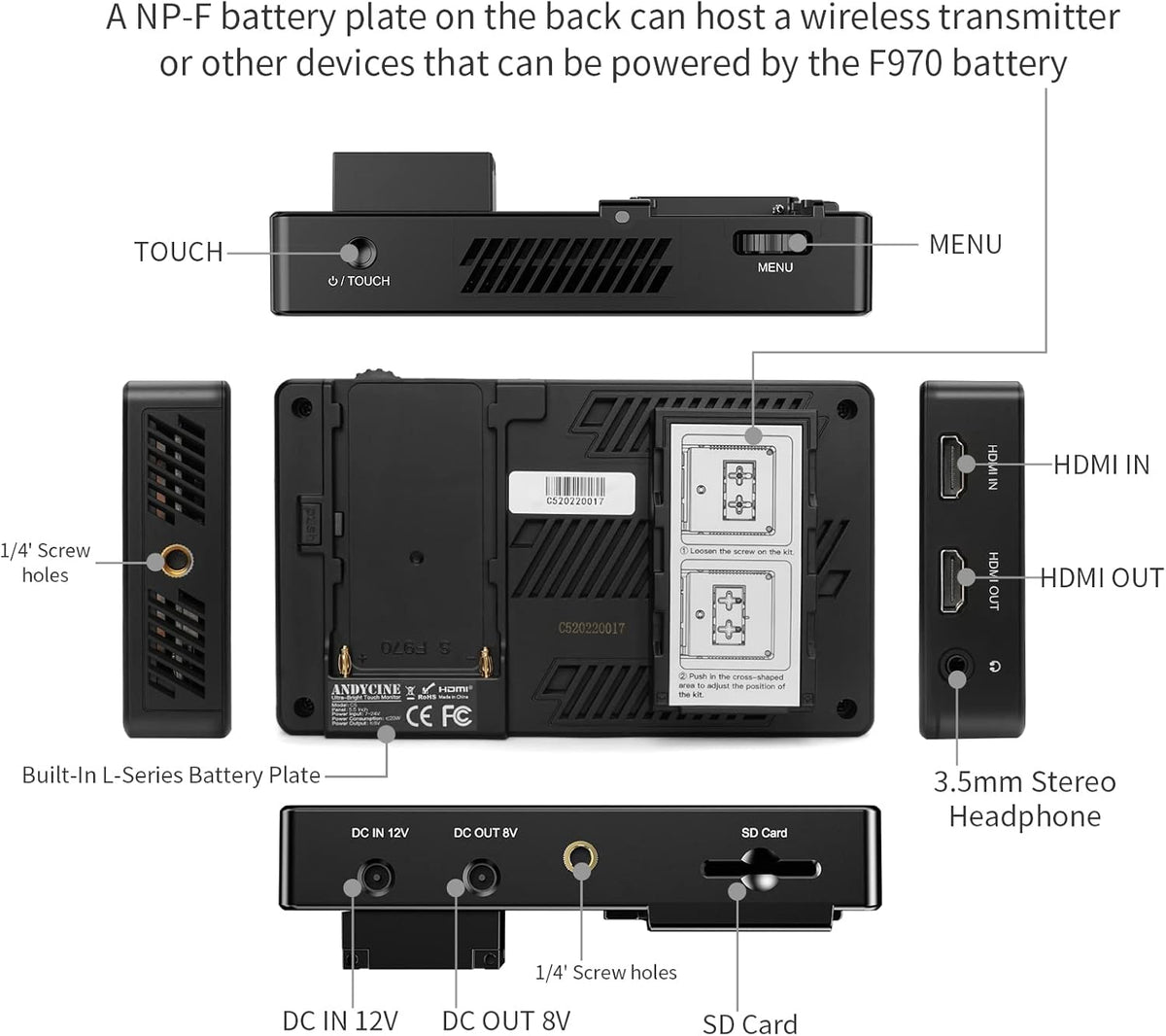 5.5 Inch 3000nit Touch Screen On-Camera Field Monitor with F970 External Power 4K HDMI Input Output Y38897