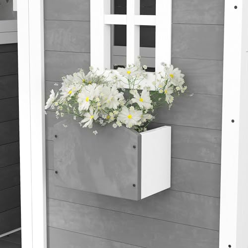 Gray Wooden Playhouse with Floor, Door, Windows & Planter Box O4539