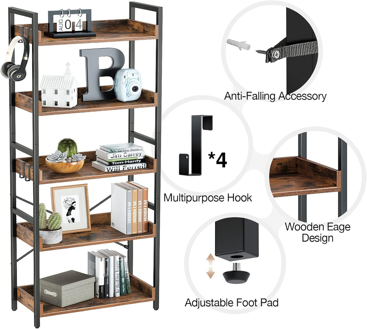 5 Tier Wood Bookshelf with 4 Hooks M372732
