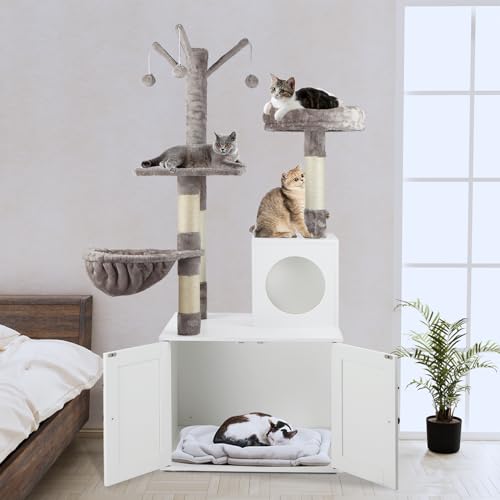 2-in-1 Wooden Cat Tree Tower with Litter Box Enclosure P48294