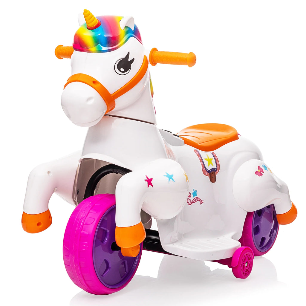 6V Unicorn Rocking Horse Toy Car with Music, Training Wheels J9265