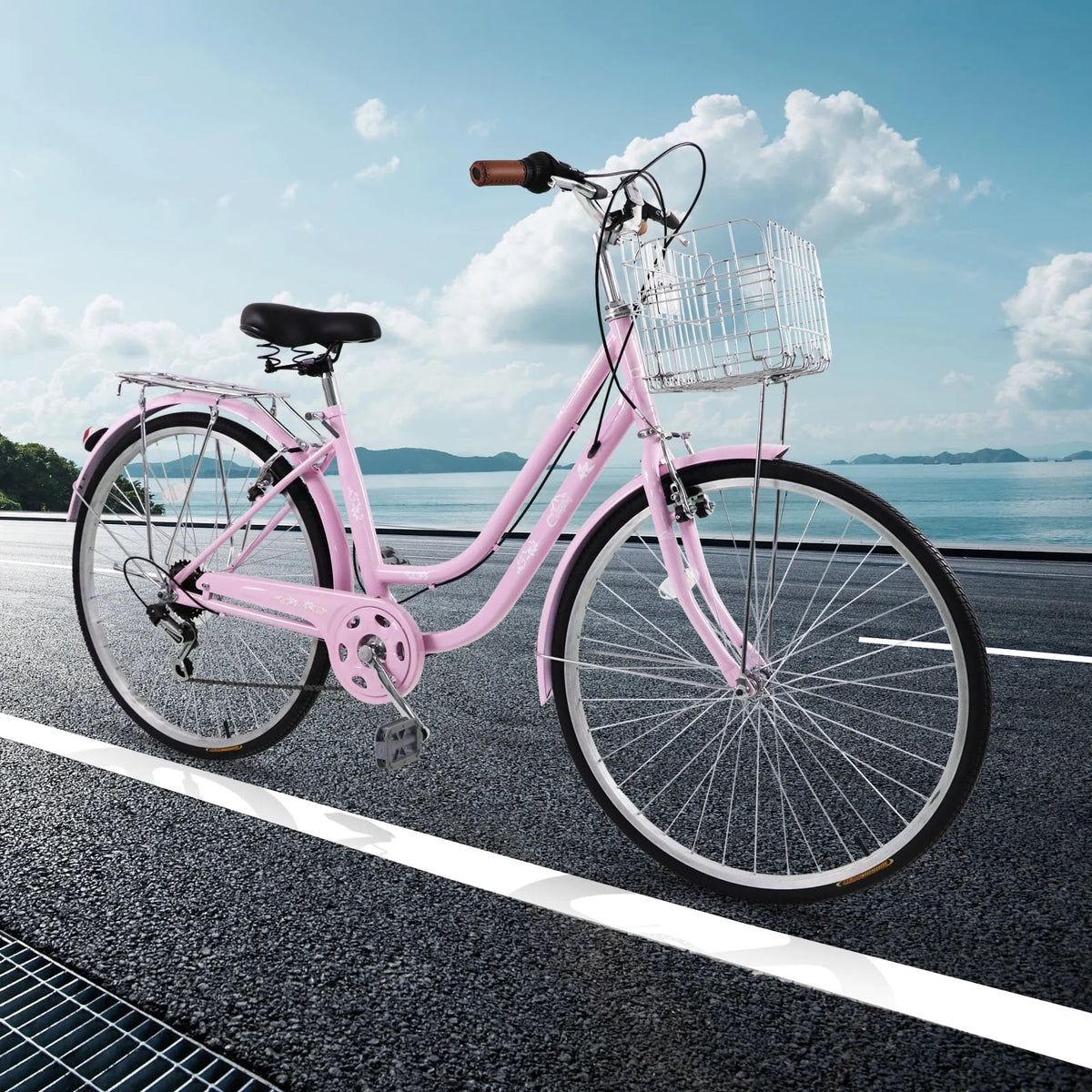 26 inch Commuter Bicycle with 7-speed, Baskets, Pink B8054