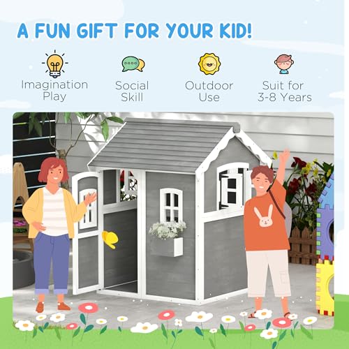 Gray Wooden Playhouse with Floor, Door, Windows & Planter Box O4539