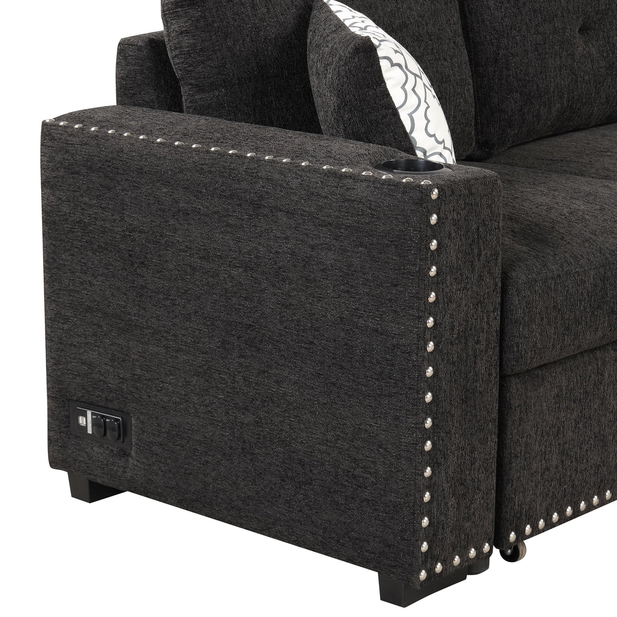 Black Reversible Pull-Out Sectional Sofa Bed with Storage Chaise P939941