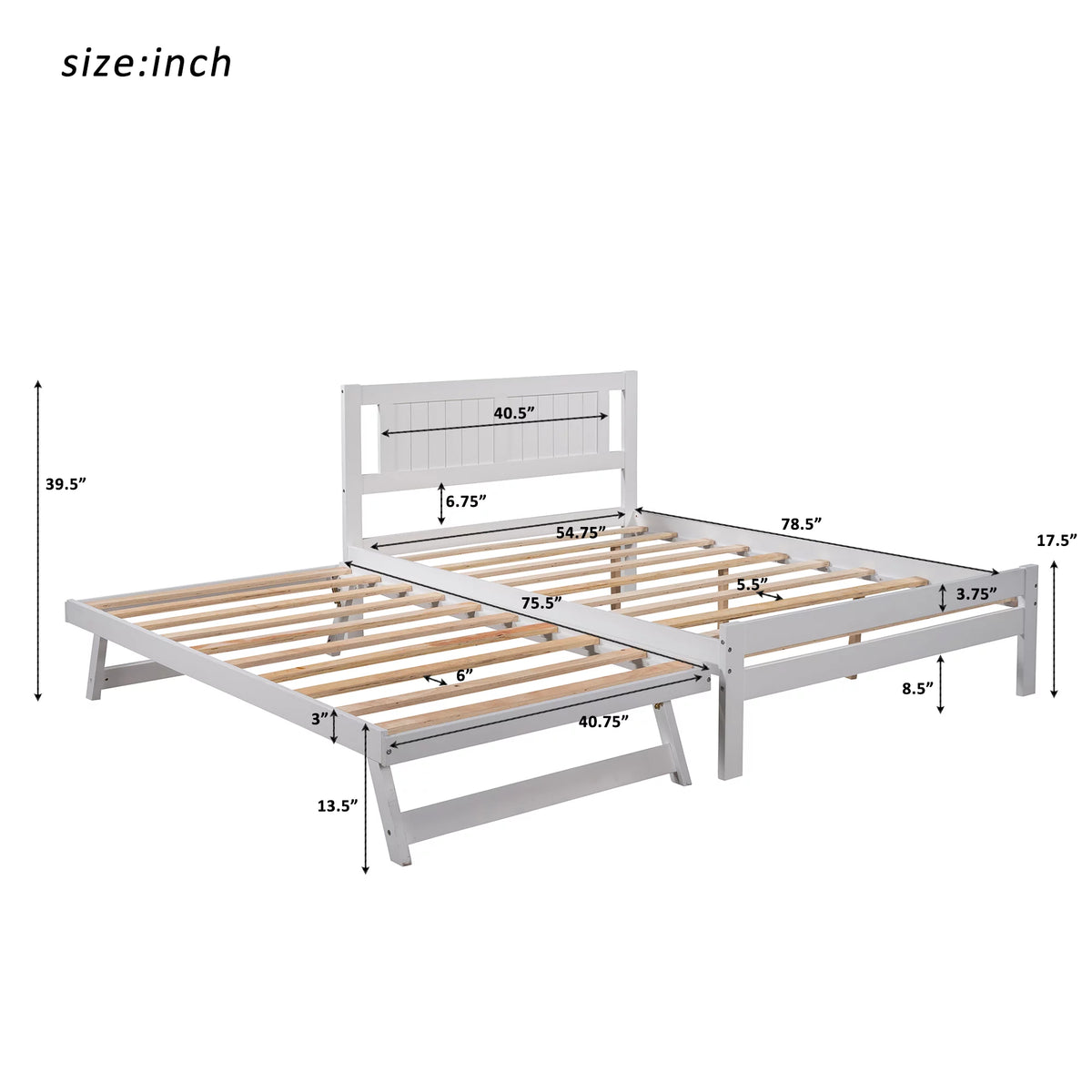 Platform Bed with Adjustable Trundle, Solid Wood, Headboard C5747