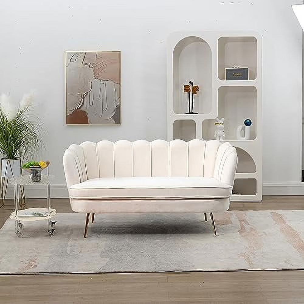 Ivory Boucle 2-Seater Loveseat Sofa with Gold Metal Legs Q15089