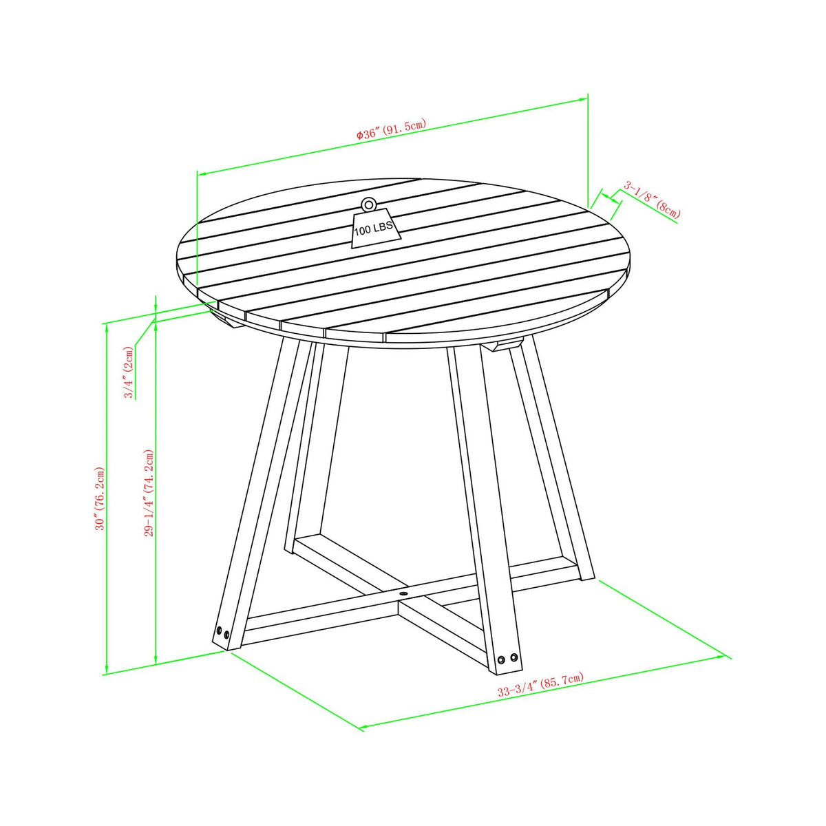 30” Solid Acacia Wood Outdoor Dining Table K1219