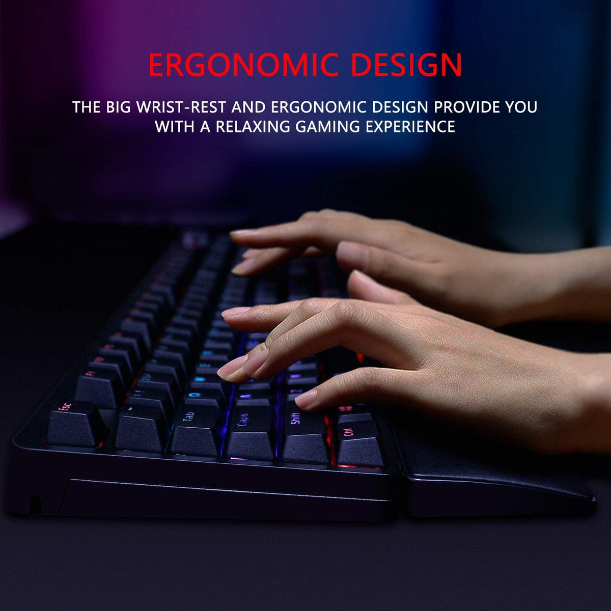 RedThunder K55 Mechanical Gaming Keyboard, Quiet Red Switch, Chroma RGB Lighting, Soft Leather Wrist-Rest, Standard Full Size Wired Keyboard with Dedicated Media Keys & Dial for PC V854144