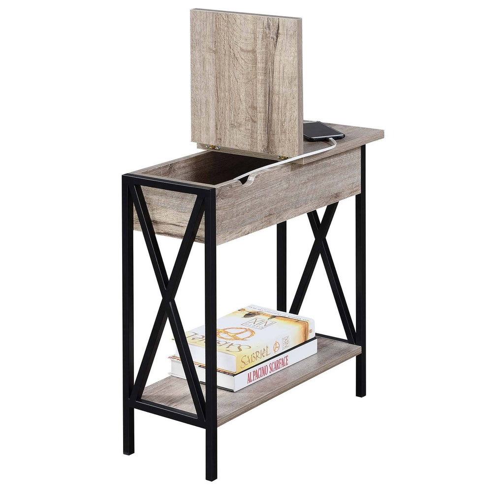 Flip Top End Table with Charging Station Sandstone/Black S552