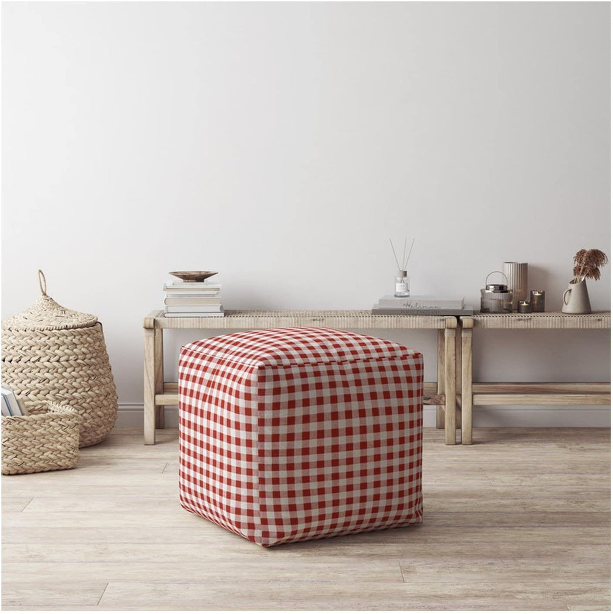 Red and White Cotton Gingham Pouf Ottoman A2785