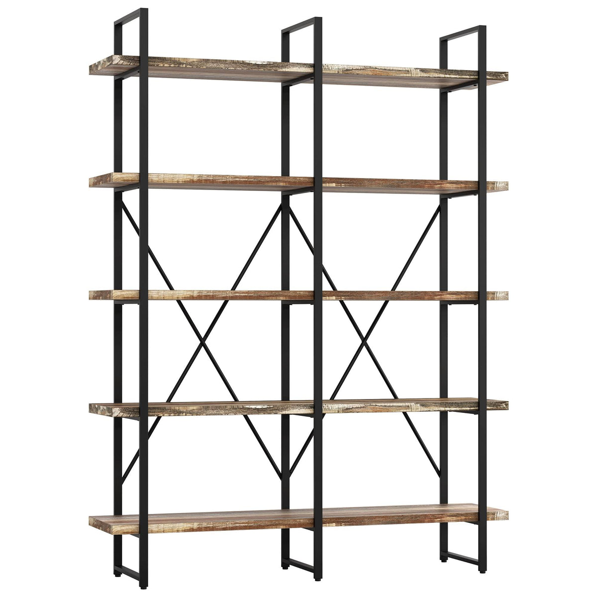 Double Wide 5-Tier Open Bookcase Wood and Metal Shelves K2378