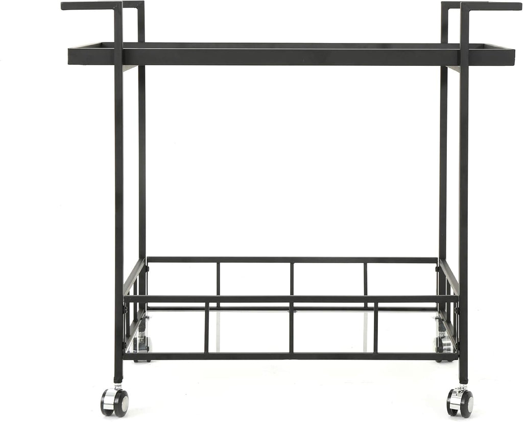 Black Industrial Iron Bar Cart with Tempered Glass Shelves W75057