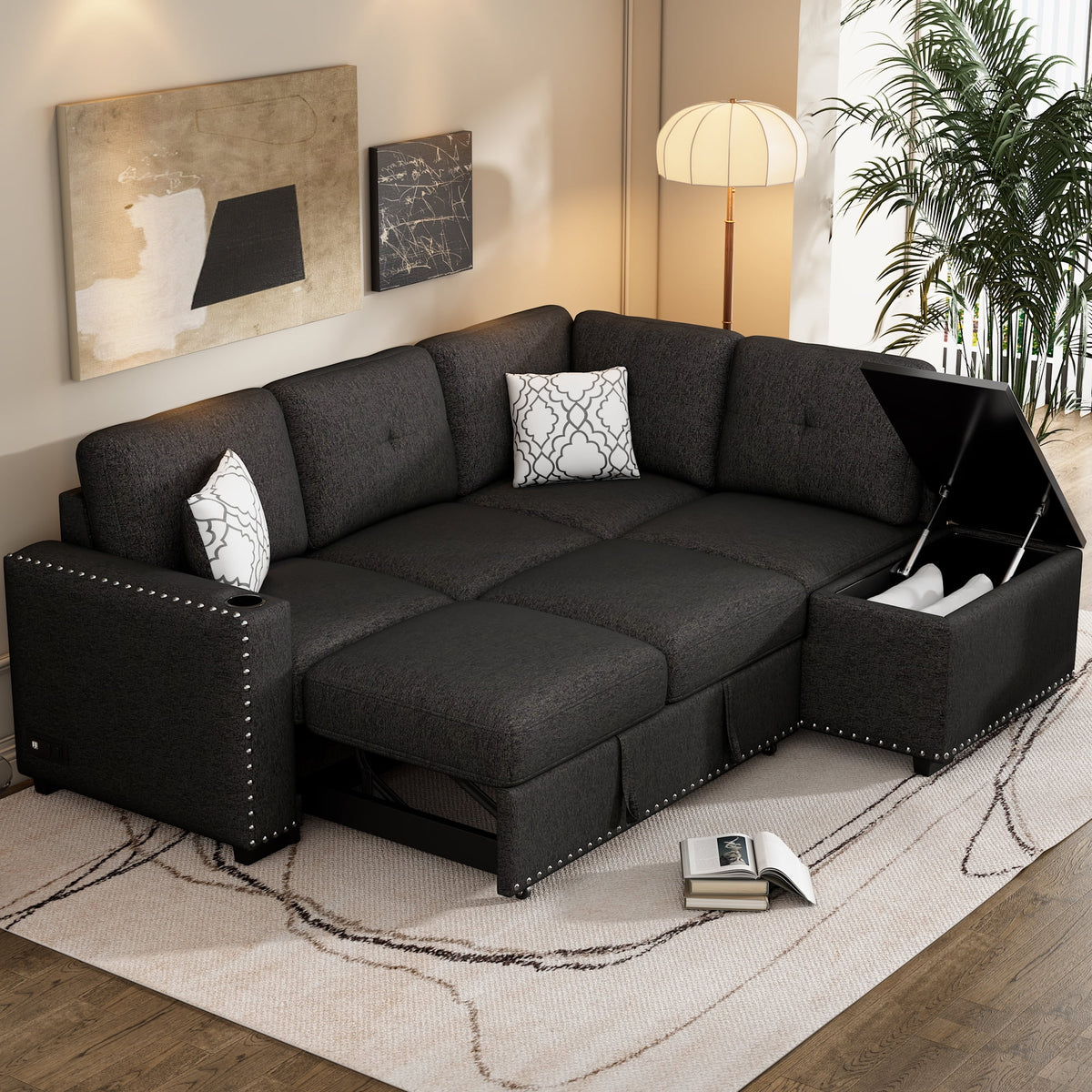 Black Reversible Pull-Out Sectional Sofa Bed with Storage Chaise P939941