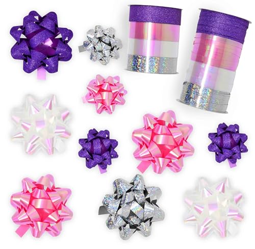 32 Pcs Multi Colored Gift Bows Assortment Set with 8 Curling Ribbon Rolls H78254