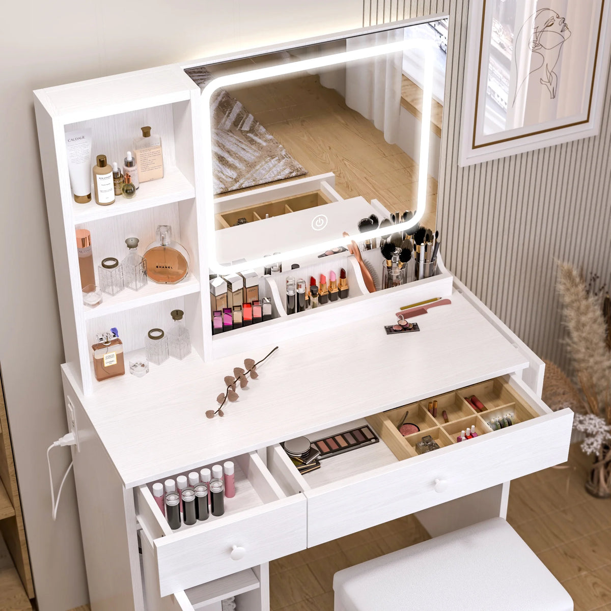 White Vanity Desk with Lighted Mirror and Storage Stool E917355