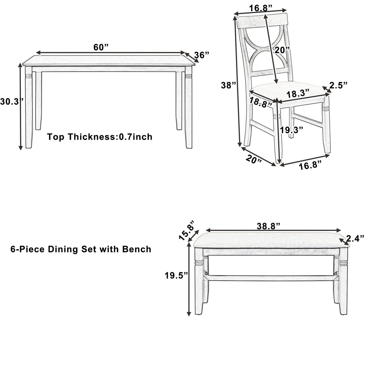 6 Piece Dining Table Set with 4 Chairs and Upholstered Bench Z404
