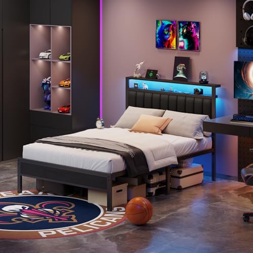 Full Size Bed Frame with Charging Station and LED Lights T877964