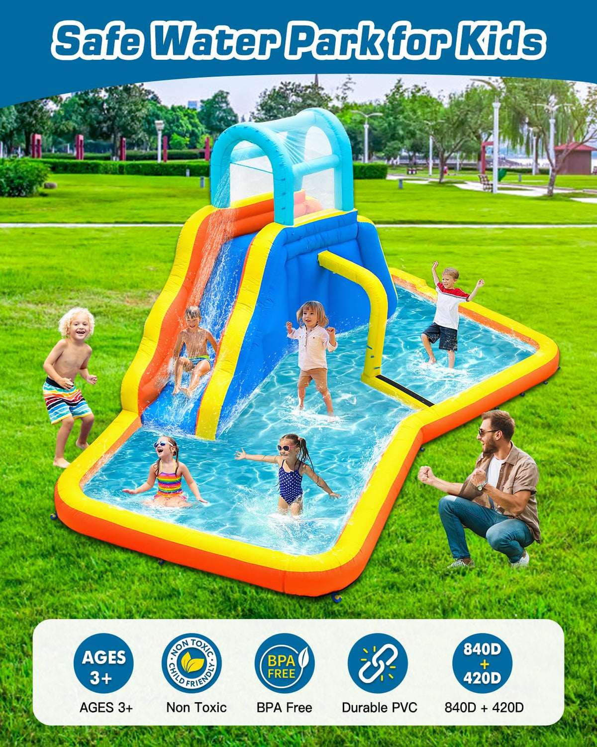 Inflatable Water Slide Park with Spray Pool, Bounce House with Climbing Wall and Blower M1620