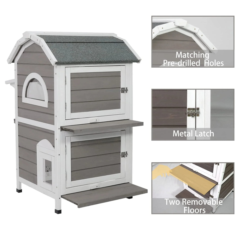 Weatherproof Two Story Wooden Outdoor Cat House R429