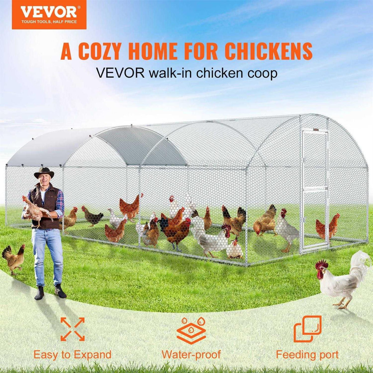 Large Metal Chicken Coop with Run and Waterproof Cover Q791