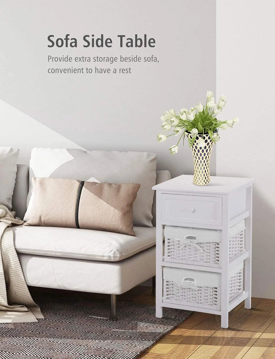 White 3 Tiers Nightstand with One Drawer 2 Baskets N354104