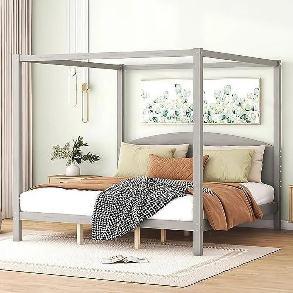 White Queen Size 4-Poster Wood Canopy Bed Frame with Headboard U704469