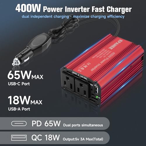 400W Power Inverter 12V DC to 110V AC with PD 65W USB-C & QC 18W Port T56517