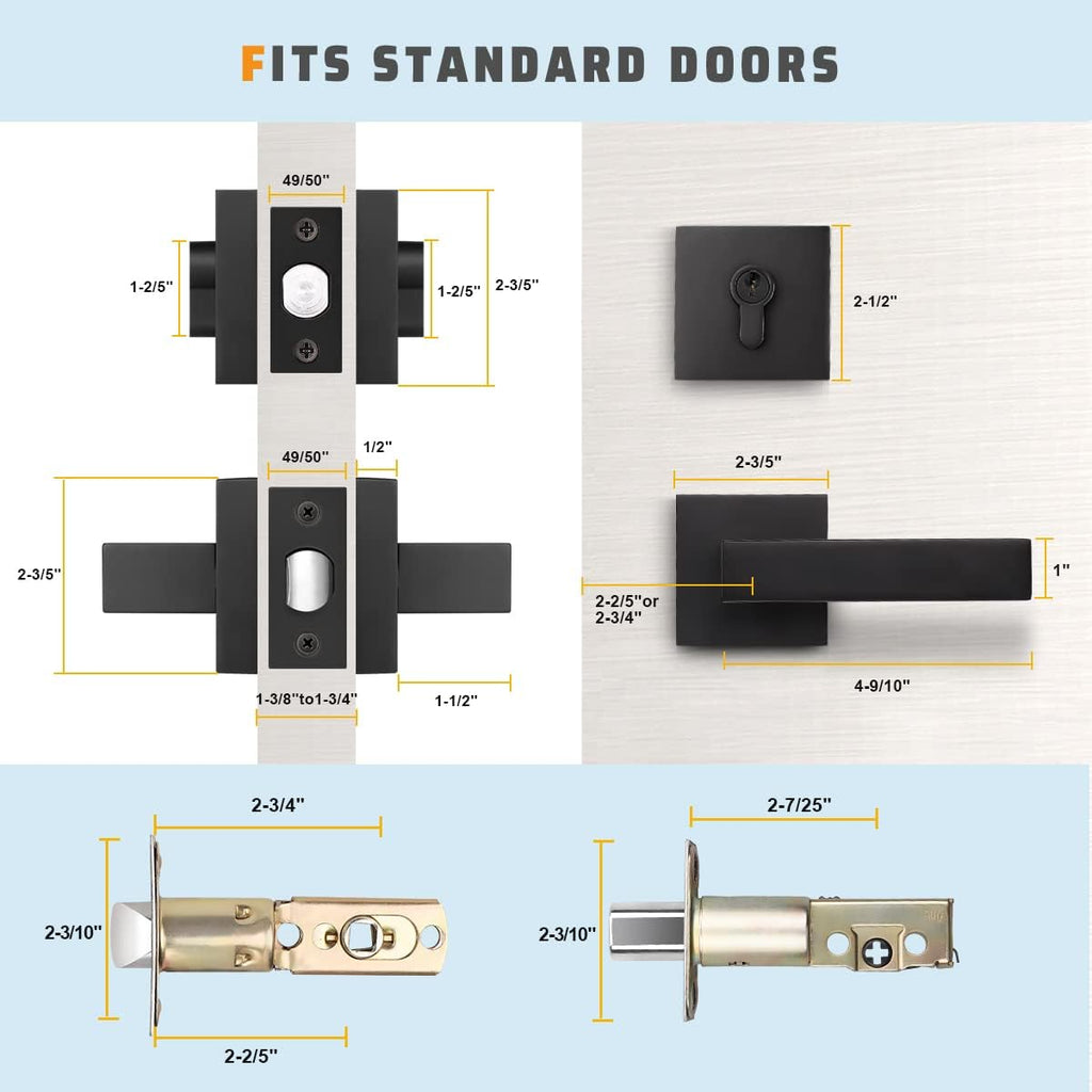 6 Pack Square Matte Black Door Handle Set with Double Keyed Deadbolt E627