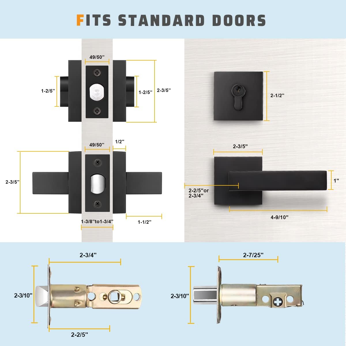 6 Pack Square Matte Black Door Handle Set with Double Keyed Deadbolt E627