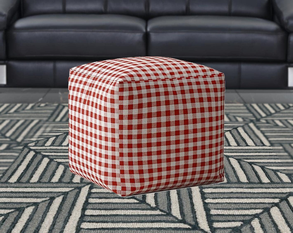 Red and White Cotton Gingham Pouf Ottoman A2785