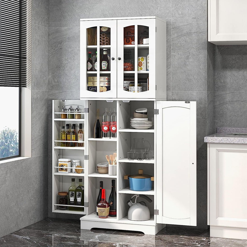White Wood Kitchen Pantry Storage Cabinet with Doors and Shelves Q753831