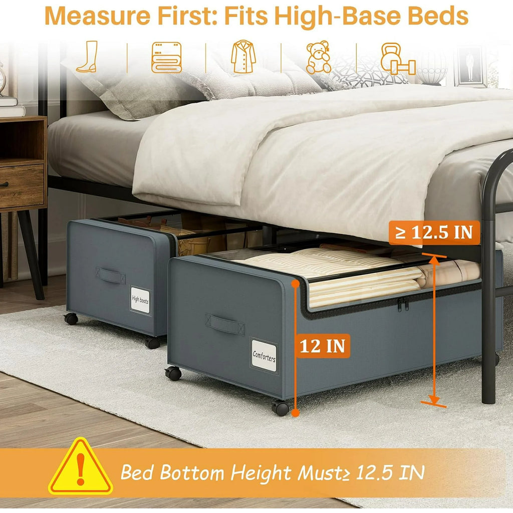12 inch Under Bed Storage Bins with Clear Lid, Wheels, 2 Pack, Grey, 30.7x17.3x12 C2884