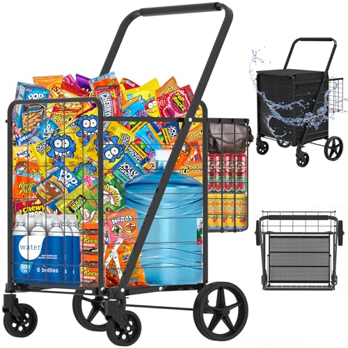 Heavy Duty Folding Shopping Cart with Double Basket, 360° Swivel Wheels, Waterproof Bag S115