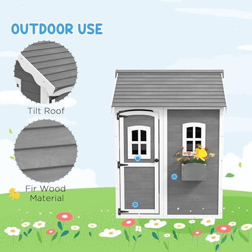 Gray Wooden Playhouse with Floor, Door, Windows & Planter Box O4539