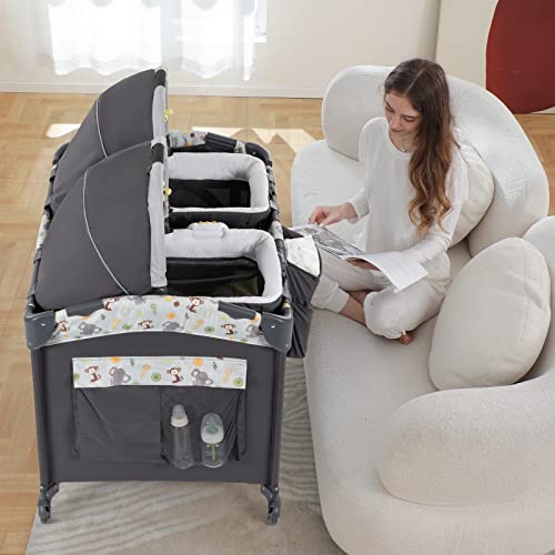 Light Gray Twin Bassinet & Playard with 2 Removable Portable Bassinets Q104502
