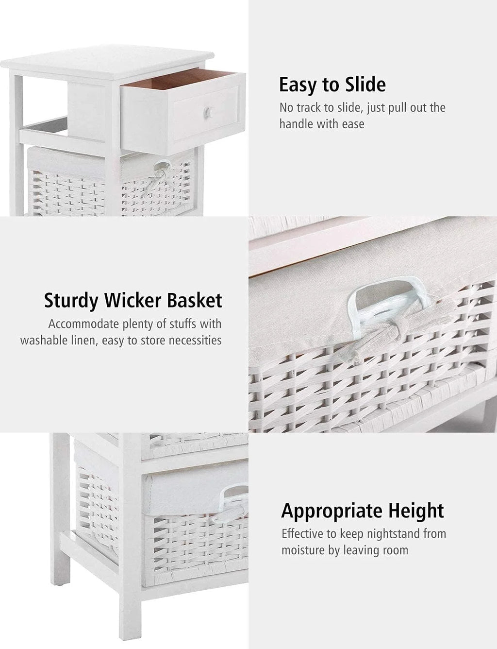 White 3 Tiers Nightstand with One Drawer 2 Baskets N354104