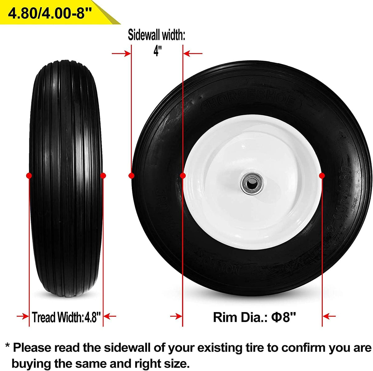 Ribbed 4.80/4.00-8 Solid Flat-Free Wheelbarrow Cart Wheel E2032
