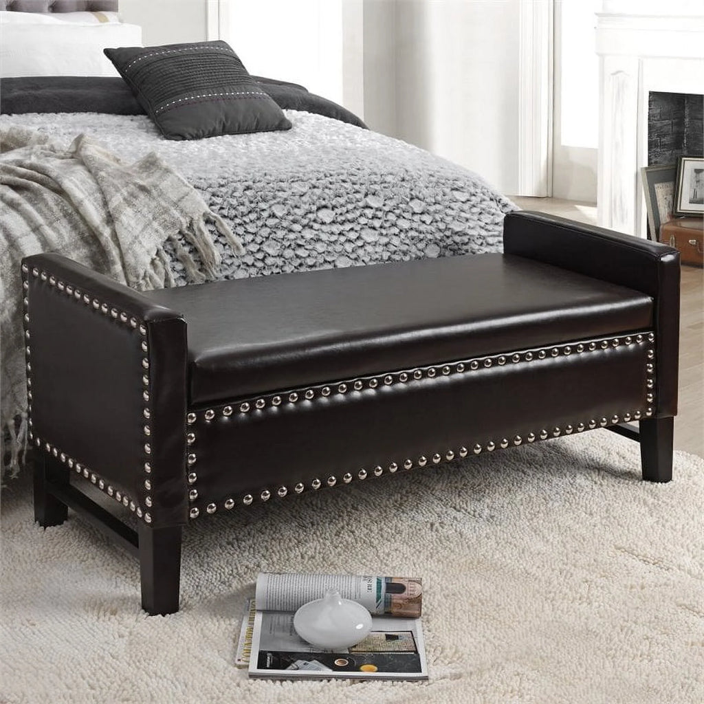 Espresso Faux Leather Storage Bench with Nailhead Trim Y512