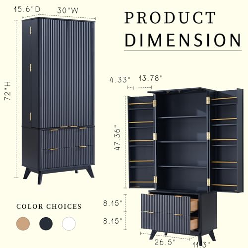 72" Dark Grey Wood Pantry Cabinet with 10 Door Shelves & 2 Drawers T9218