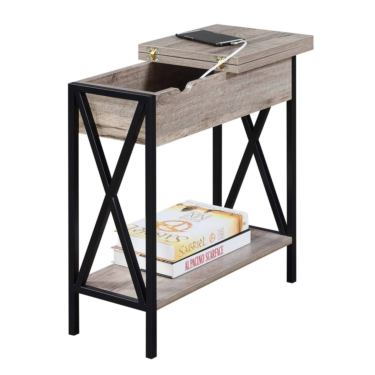 Flip Top End Table with Charging Station Sandstone/Black S552