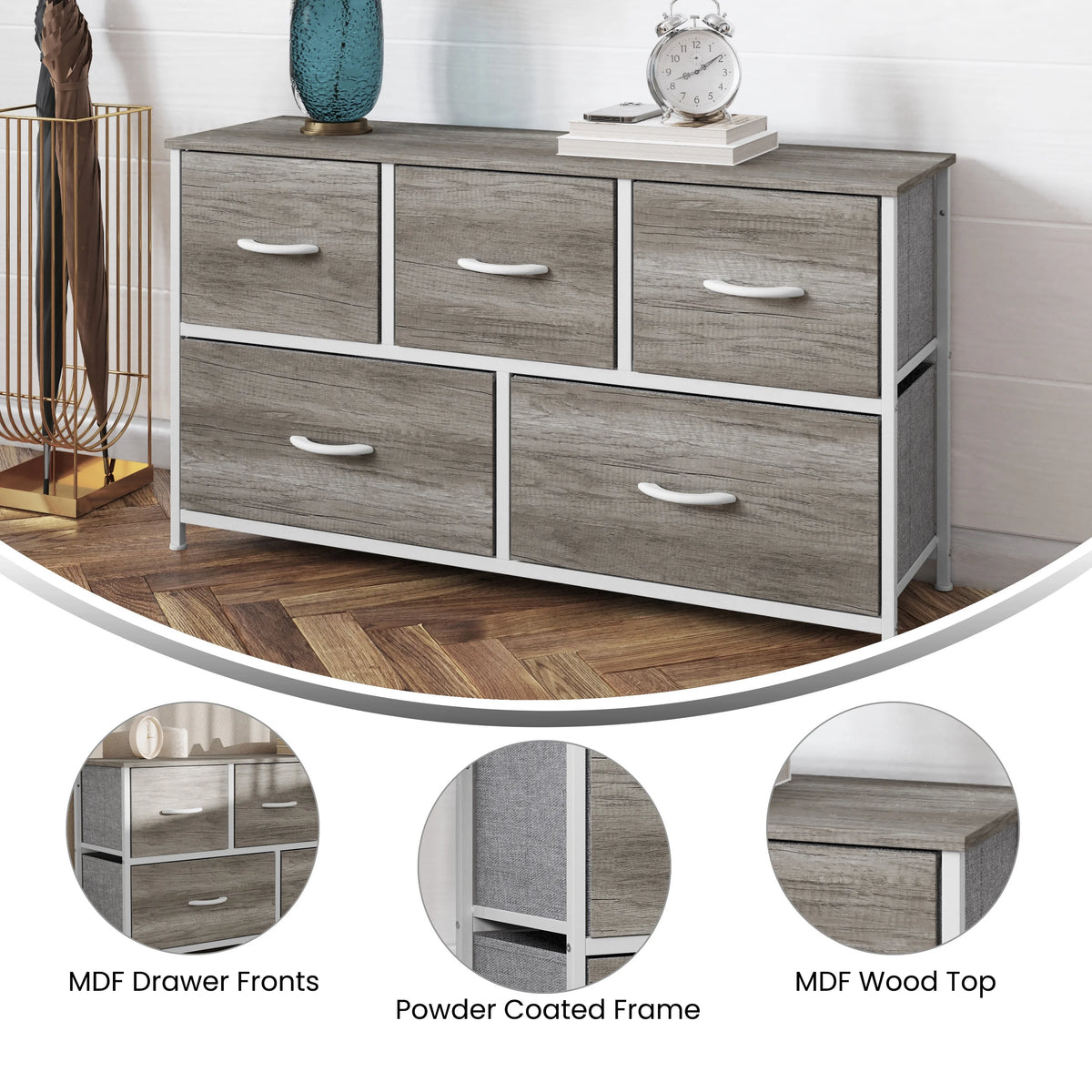 5 Drawer Storage Dresser with White Cast Iron Frame and Light Natural Wood Top D9239