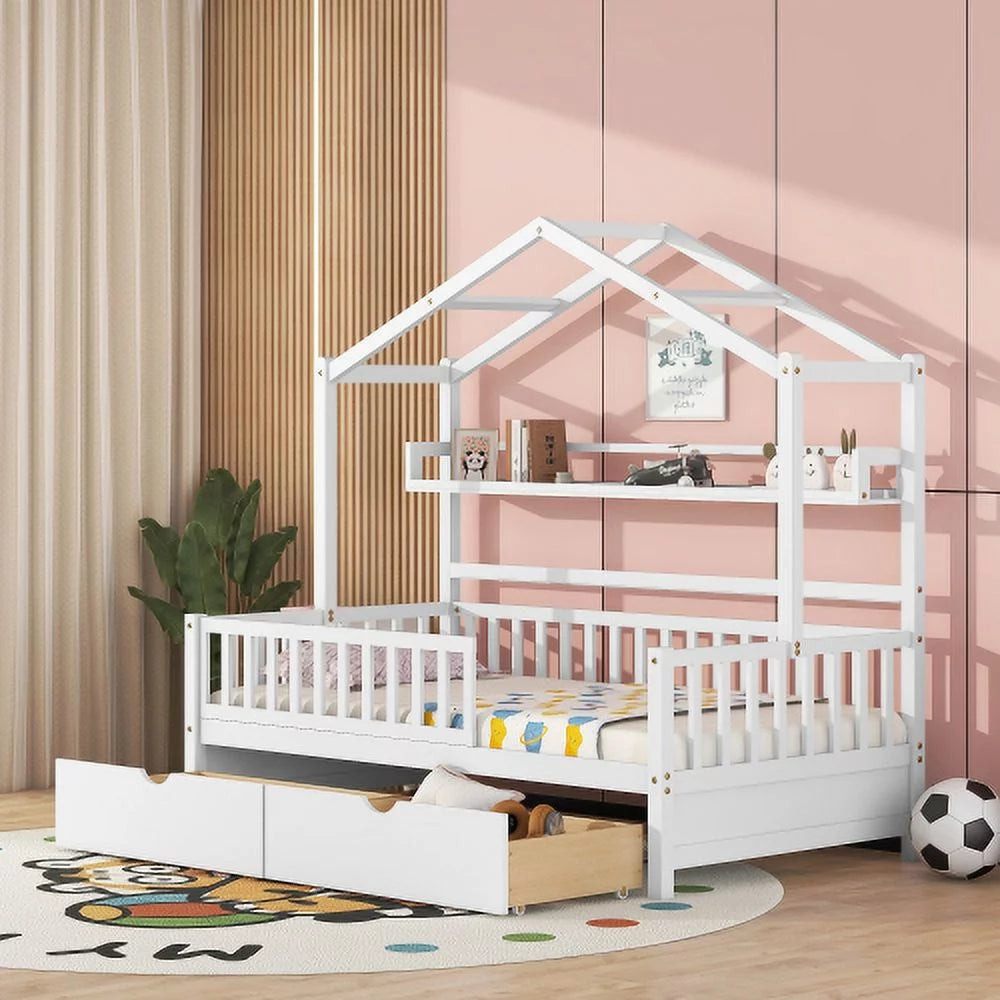 White Twin Size Wooden House Bed with 2 Drawers G903823