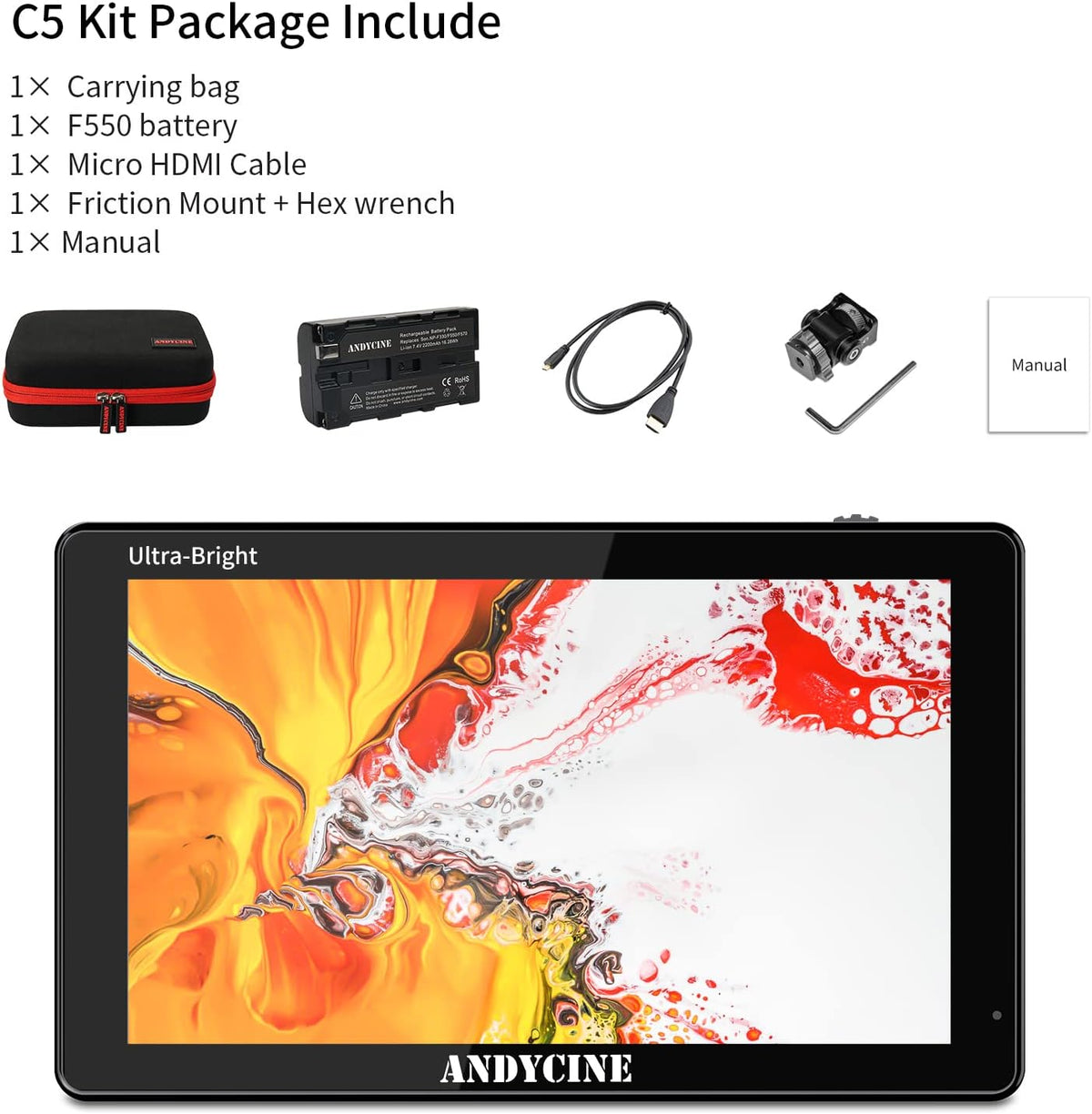 5.5 Inch 3000nit Touch Screen On-Camera Field Monitor with F970 External Power 4K HDMI Input Output Y38897