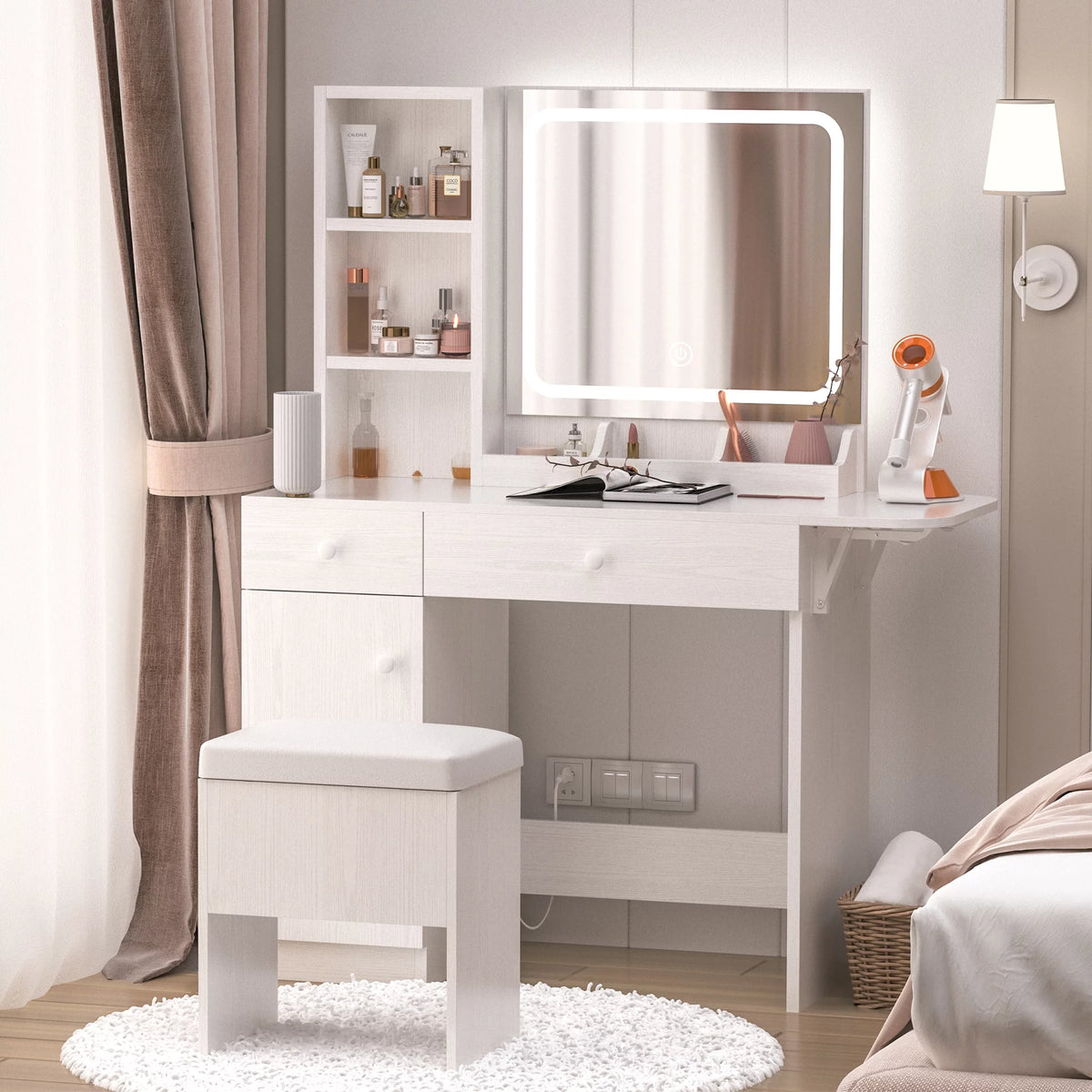 White Vanity Desk with Lighted Mirror and Storage Stool E917355