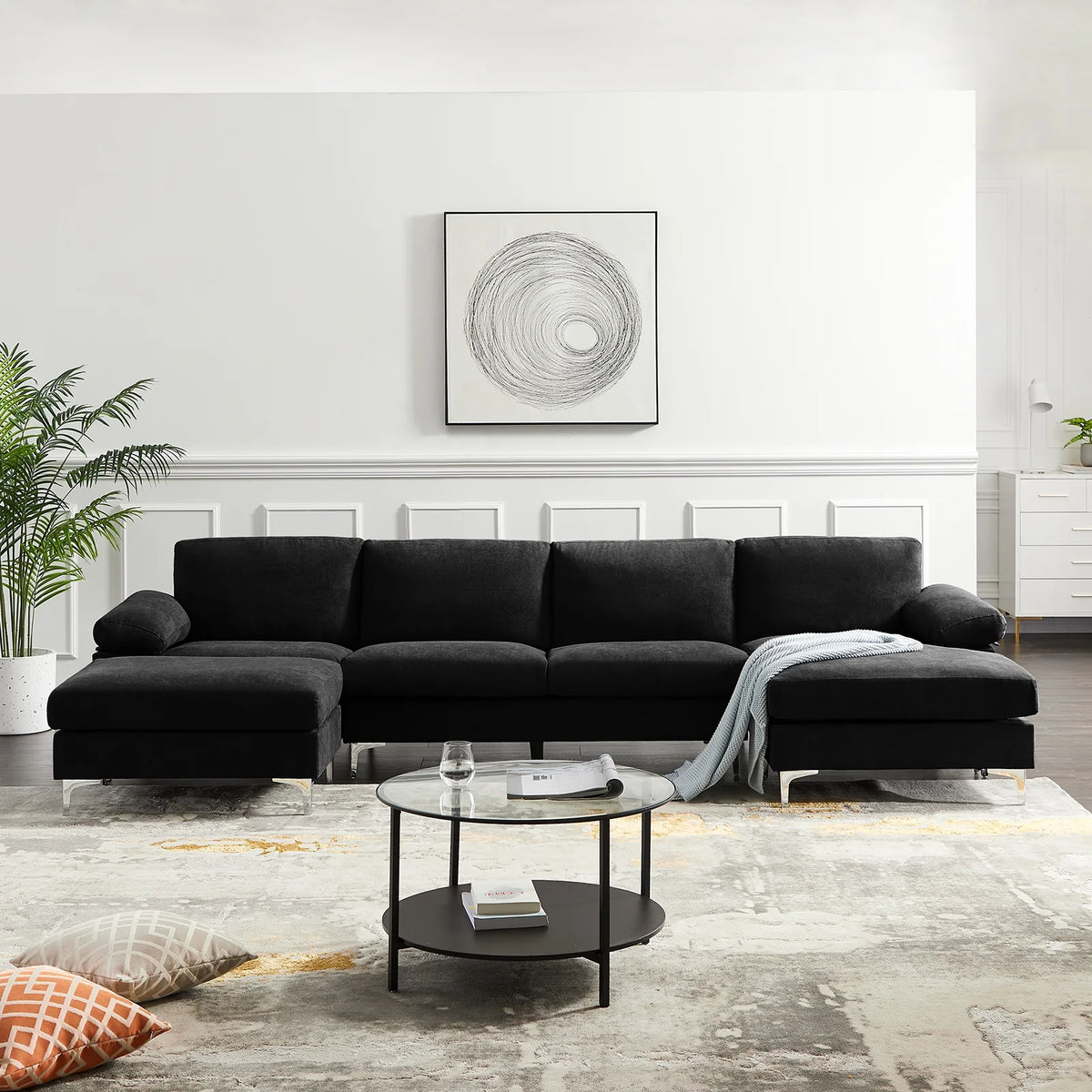 Black Polyester L-Shaped Sectional Sofa with Ottoman V304