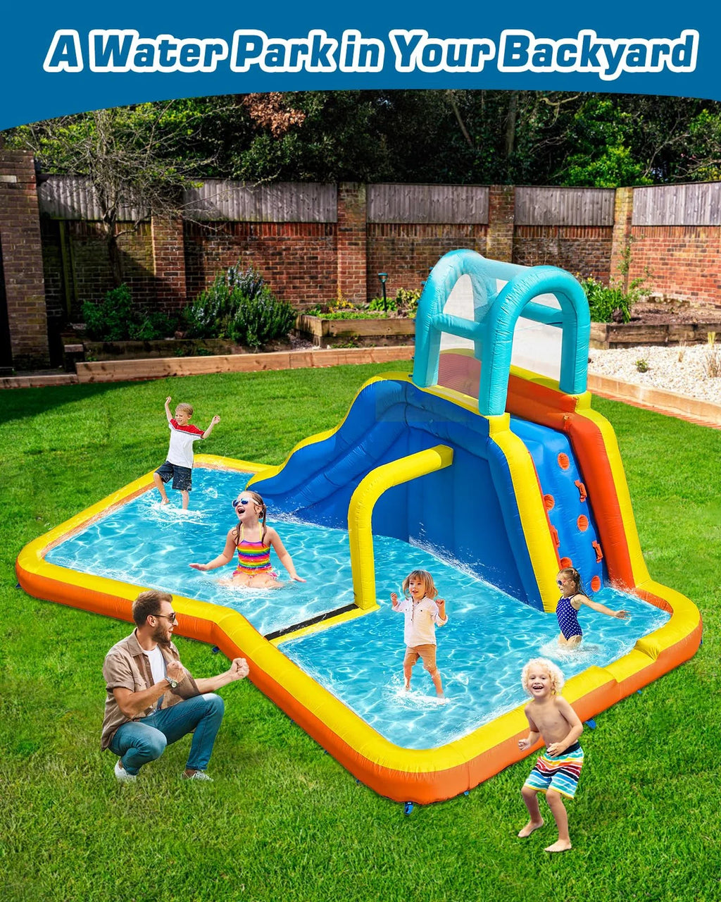 Inflatable Water Slide Park with Spray Pool, Bounce House with Climbing Wall and Blower M1620