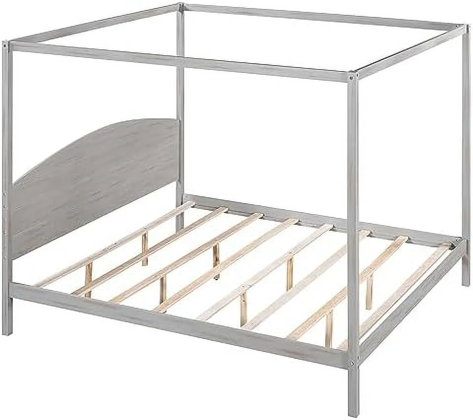 White Queen Size 4-Poster Wood Canopy Bed Frame with Headboard U704469